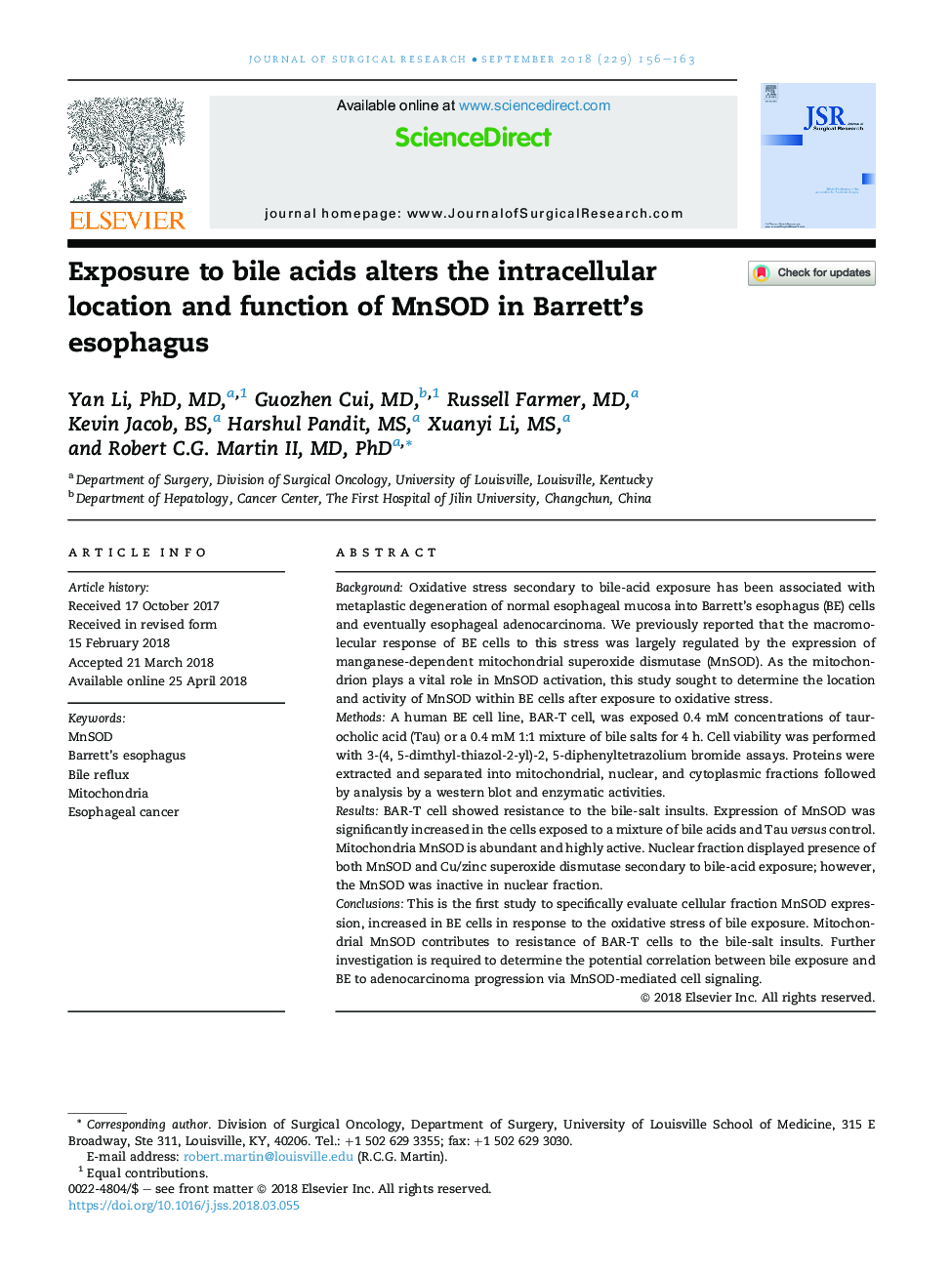 Exposure to bile acids alters the intracellular location and function of MnSOD in Barrett's esophagus