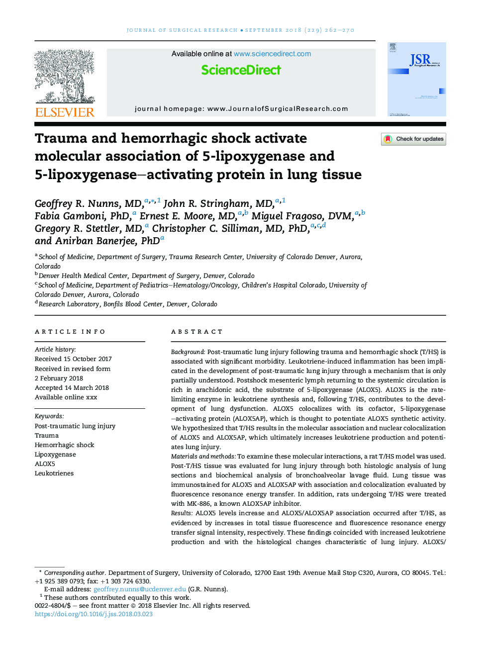 Trauma and hemorrhagic shock activate molecular association of 5-lipoxygenase and 5-lipoxygenase-Activating protein in lung tissue