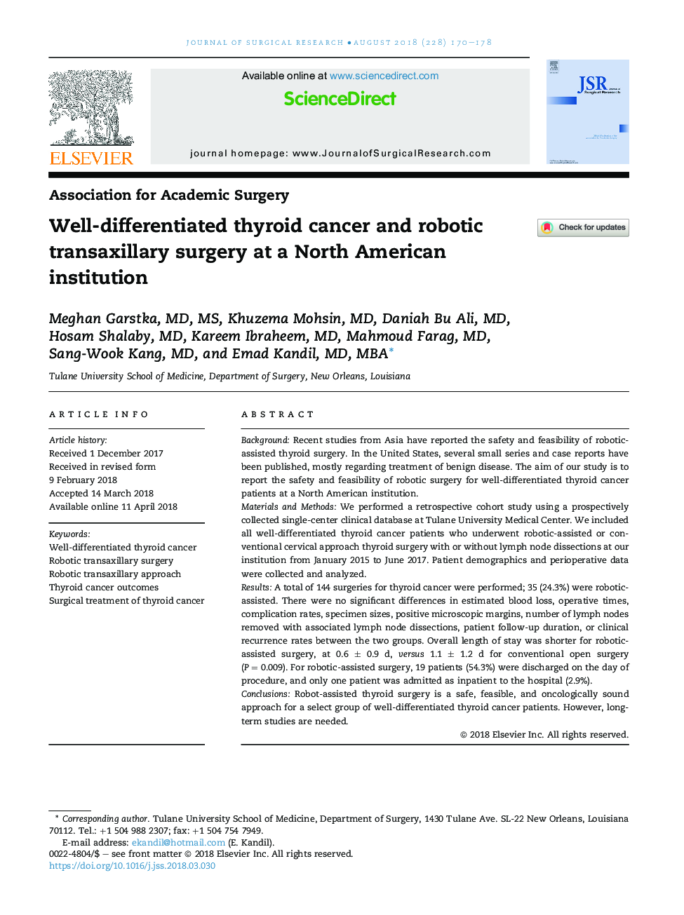 Well-differentiated thyroid cancer and robotic transaxillary surgery at a North American institution