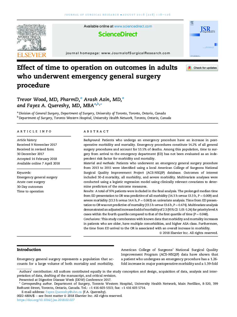 Effect of time to operation on outcomes in adults who underwent emergency general surgery procedure