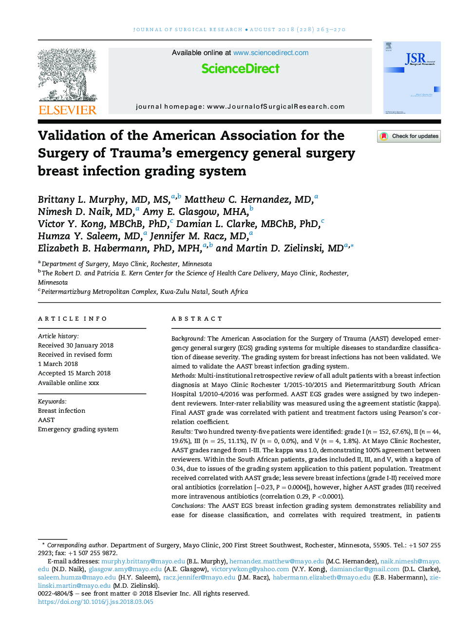 Validation of the American Association for the Surgery of Trauma's emergency general surgery breast infection grading system