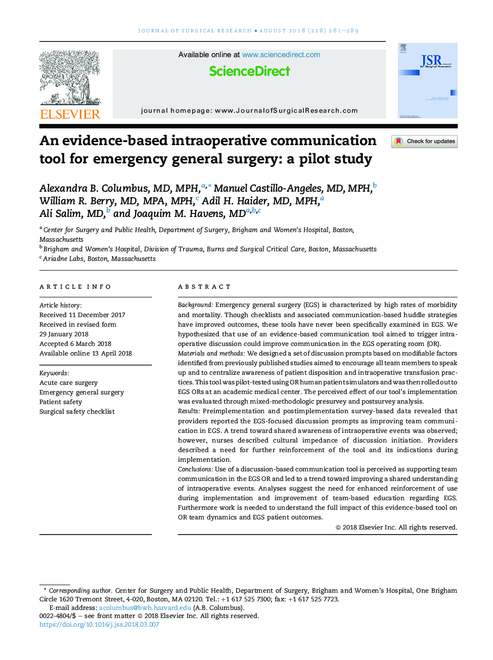 An evidence-based intraoperative communication tool for emergency general surgery: a pilot study