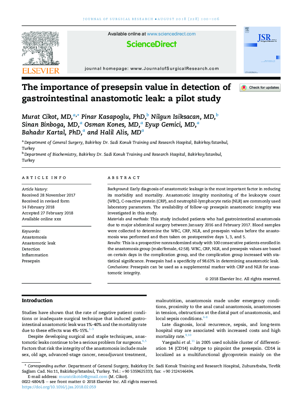 The importance of presepsin value in detection of gastrointestinal anastomotic leak: a pilot study