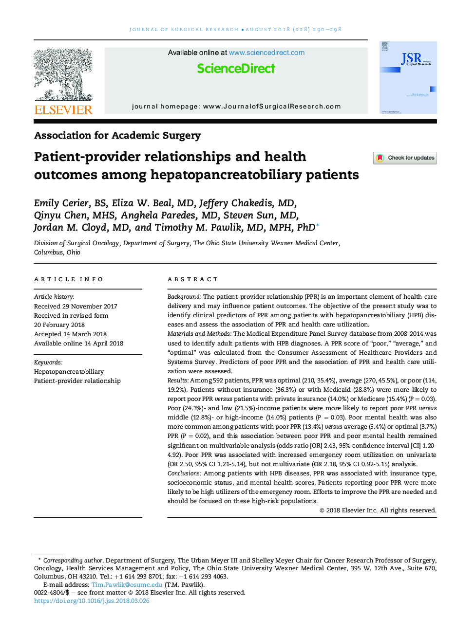 Patient-provider relationships and health outcomes among hepatopancreatobiliary patients