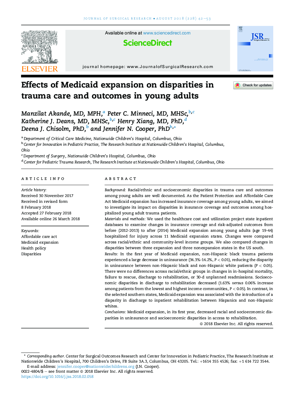 Effects of Medicaid expansion on disparities in trauma care and outcomes in young adults