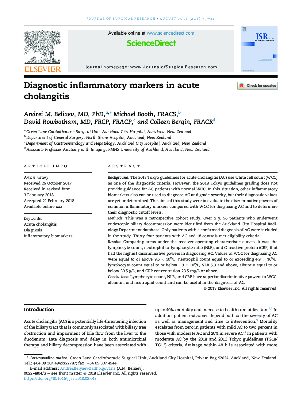 Diagnostic inflammatory markers in acute cholangitis