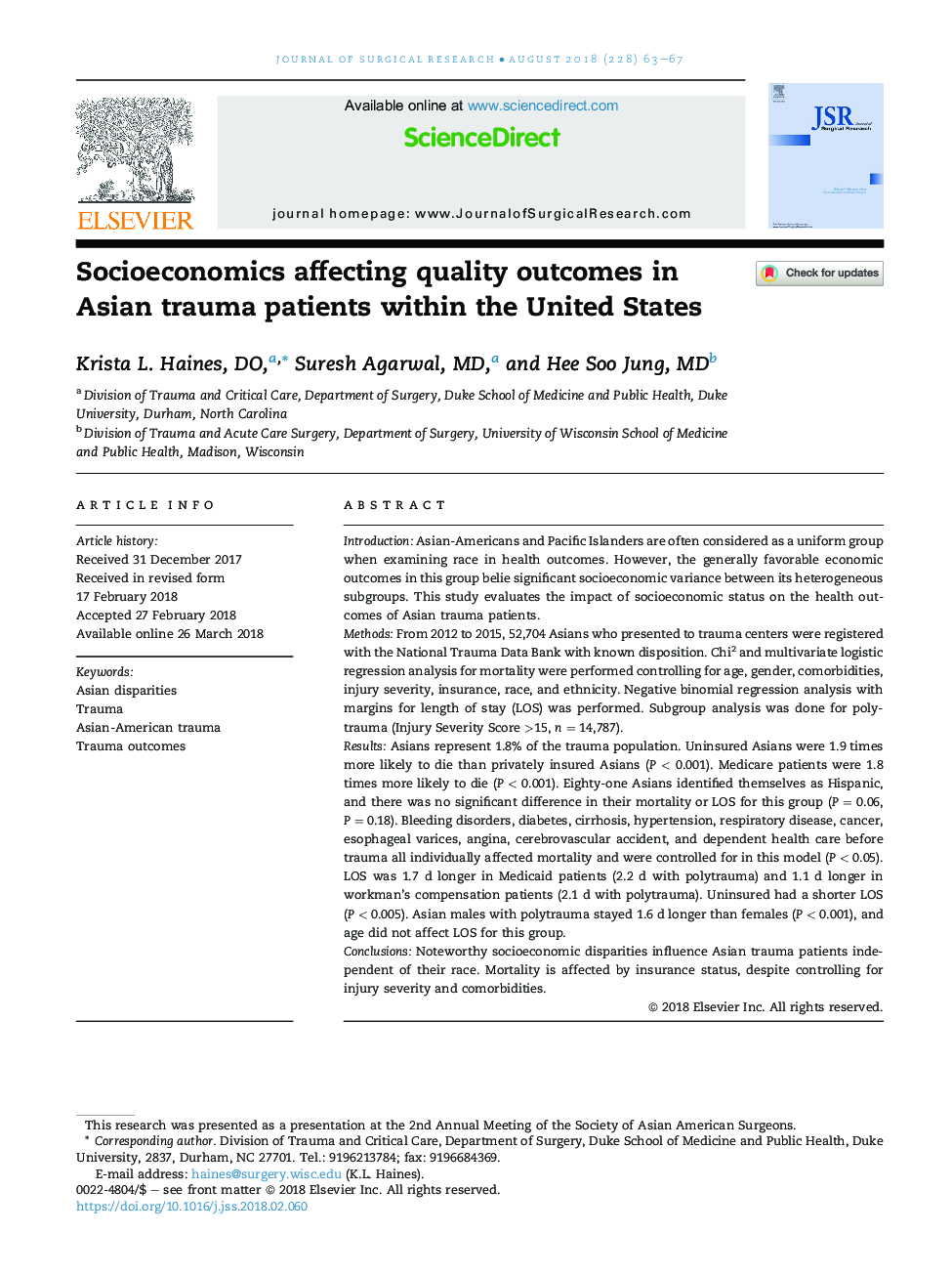 اقتصاد اجتماعی که تأثیرات کیفیت را در بیماران آسیبدی در آسیا دارد در ایالات متحده تاثیر می گذارد 