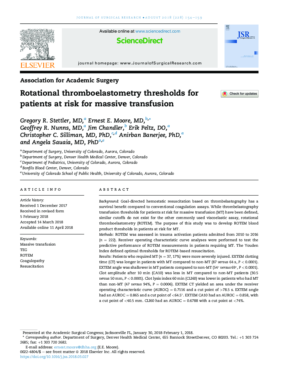 Rotational thromboelastometry thresholds for patients at risk for massive transfusion