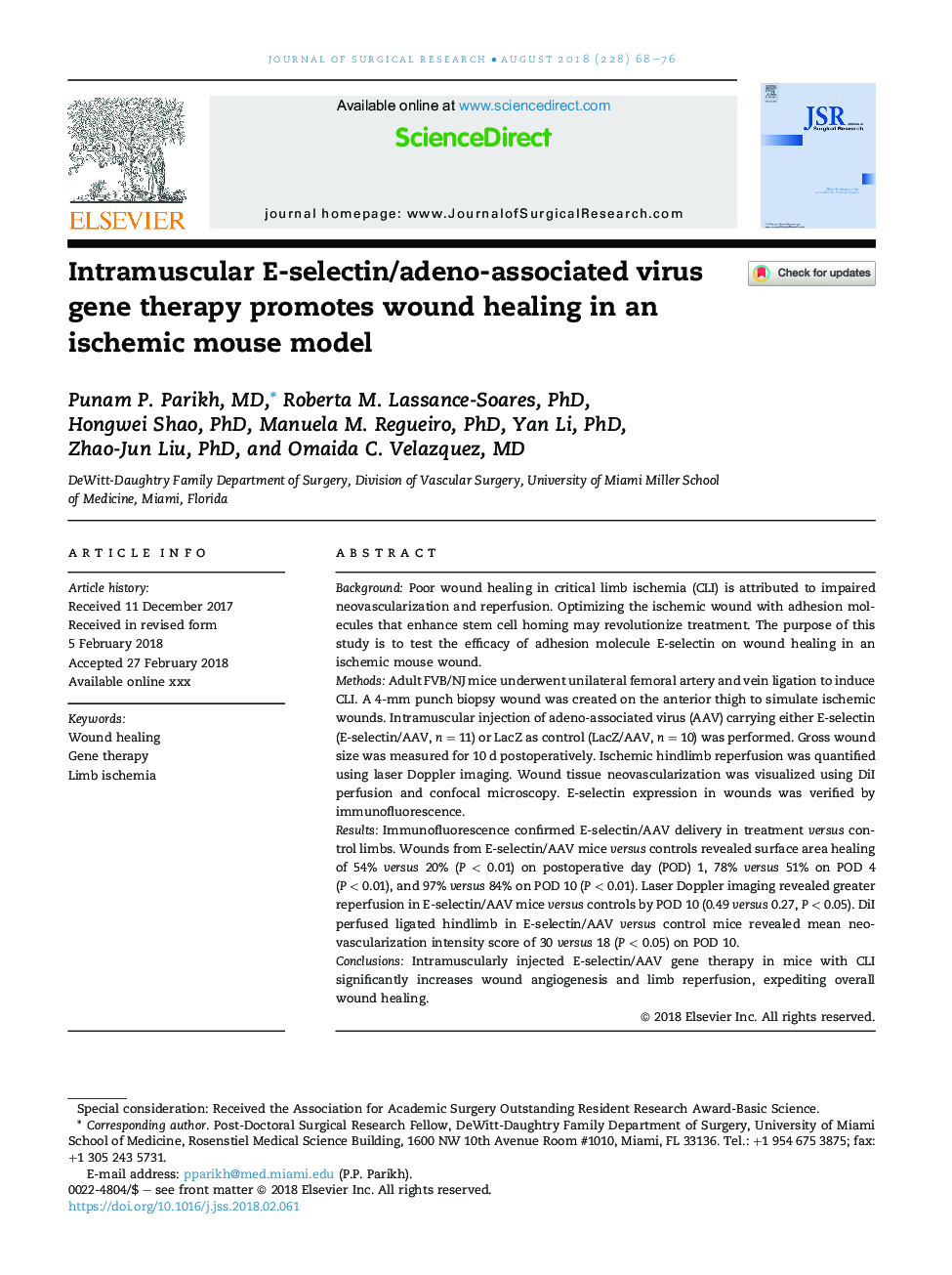 Intramuscular E-selectin/adeno-associated virus gene therapy promotes wound healing in an ischemic mouse model