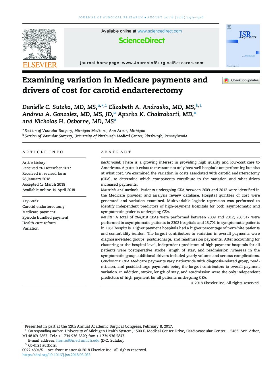 Examining variation in Medicare payments and drivers of cost for carotid endarterectomy