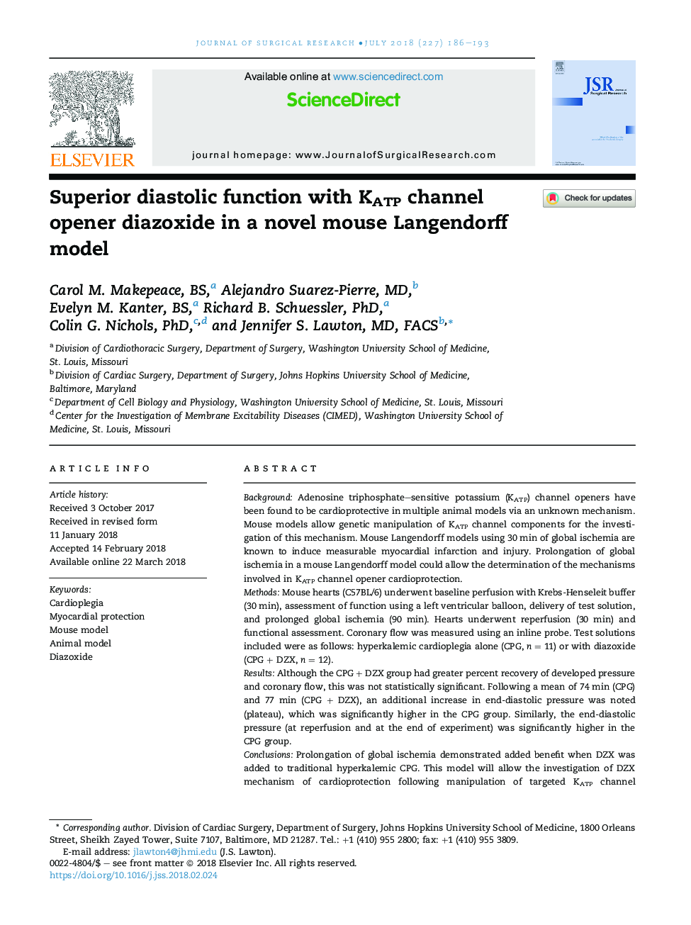 Superior diastolic function with KATP channel opener diazoxide in a novel mouse Langendorff model