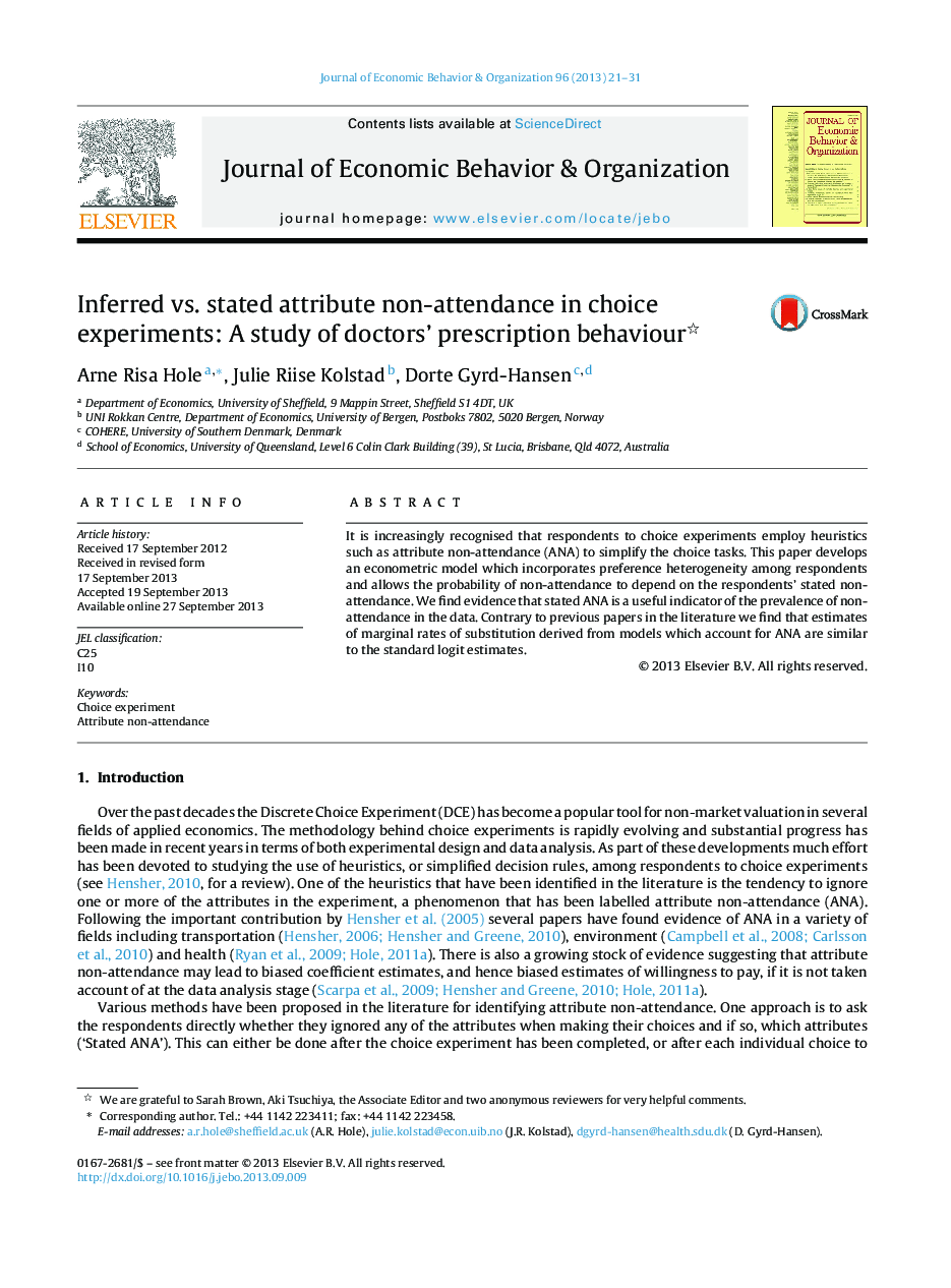 Inferred vs. stated attribute non-attendance in choice experiments: A study of doctors’ prescription behaviour 