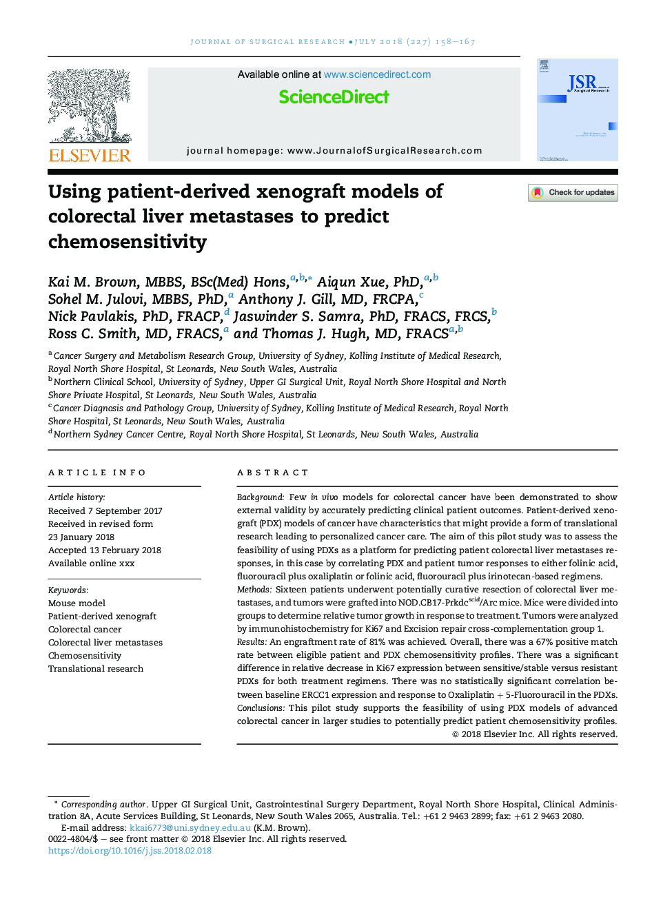 Using patient-derived xenograft models of colorectal liver metastases to predict chemosensitivity