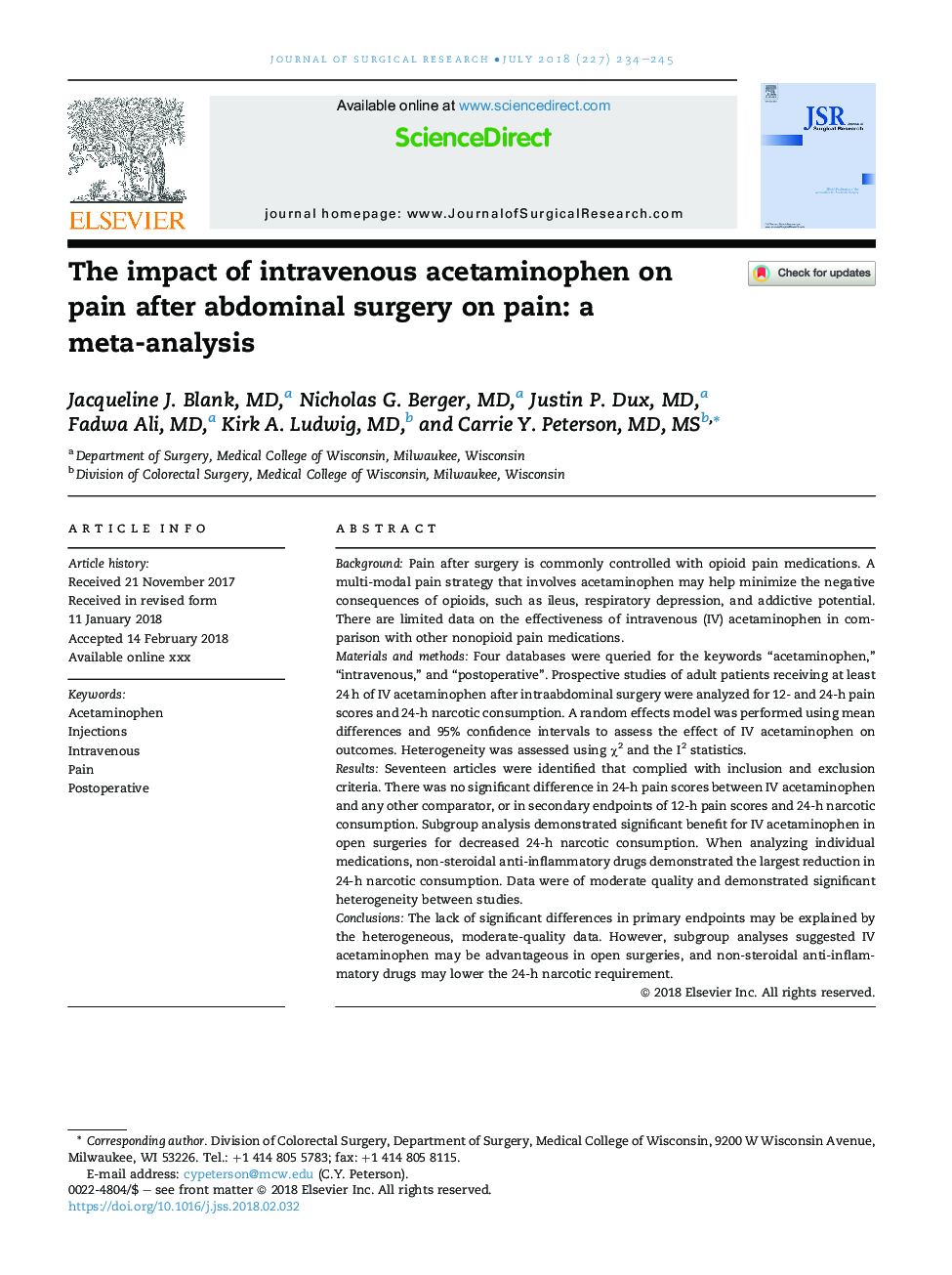 The impact of intravenous acetaminophen onÂ pain after abdominal surgery: a meta-analysis