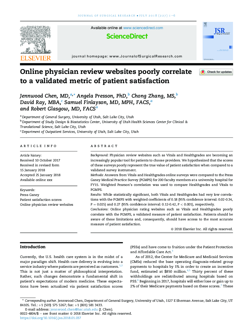 Online physician review websites poorly correlate to a validated metric of patient satisfaction