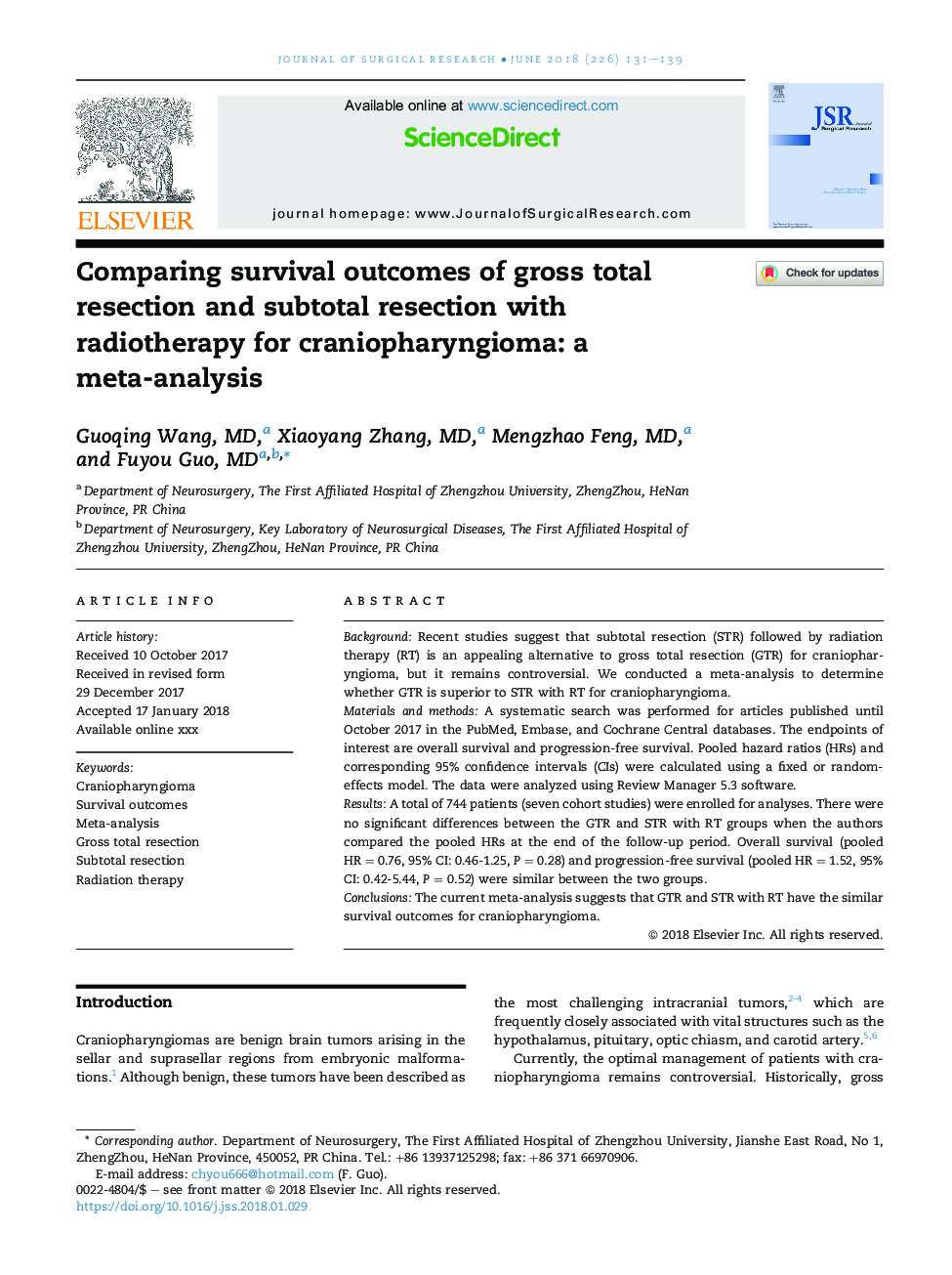 مقایسه نتایج زنده ماندن رزکسیون ناخالصی و رزکسیون زیر جلدی با رادیوتراپی برای کرانیوفارنژیوم: یک متاآنالیز 