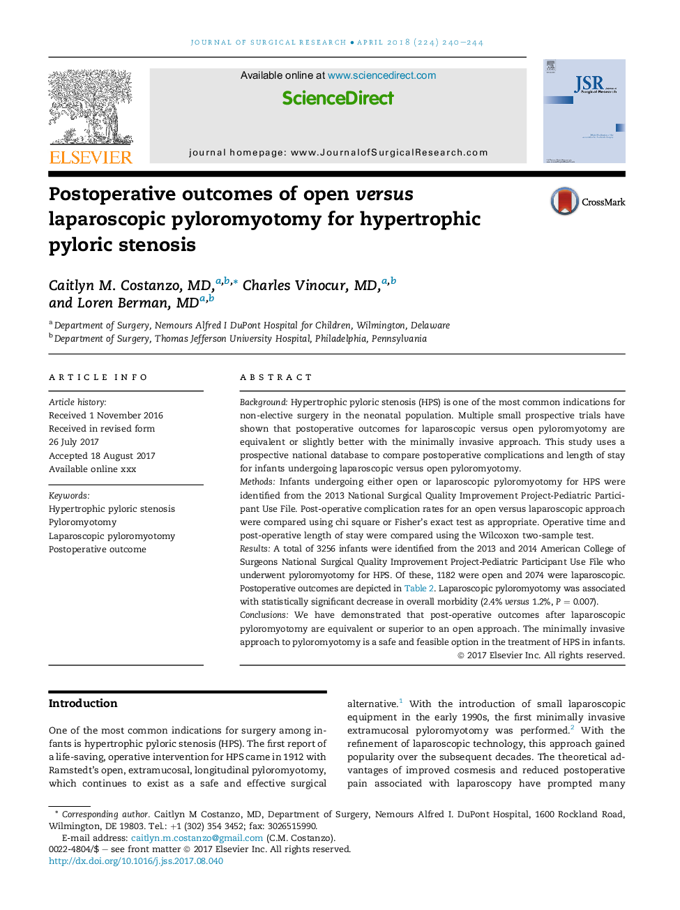 Postoperative outcomes of open versus laparoscopic pyloromyotomy for hypertrophic pyloric stenosis