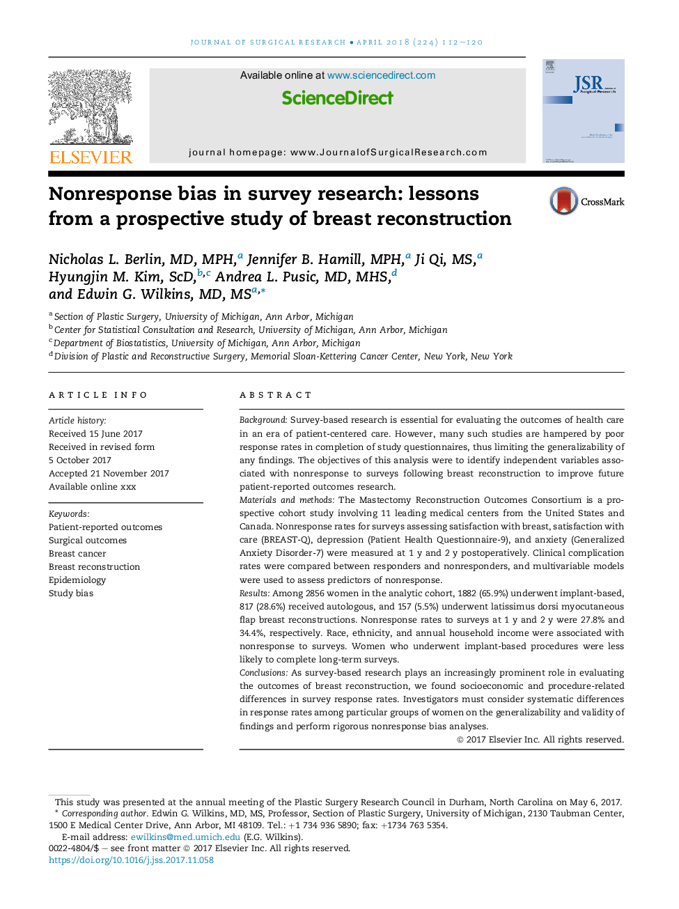 Nonresponse bias in survey research: lessons from a prospective study of breast reconstruction