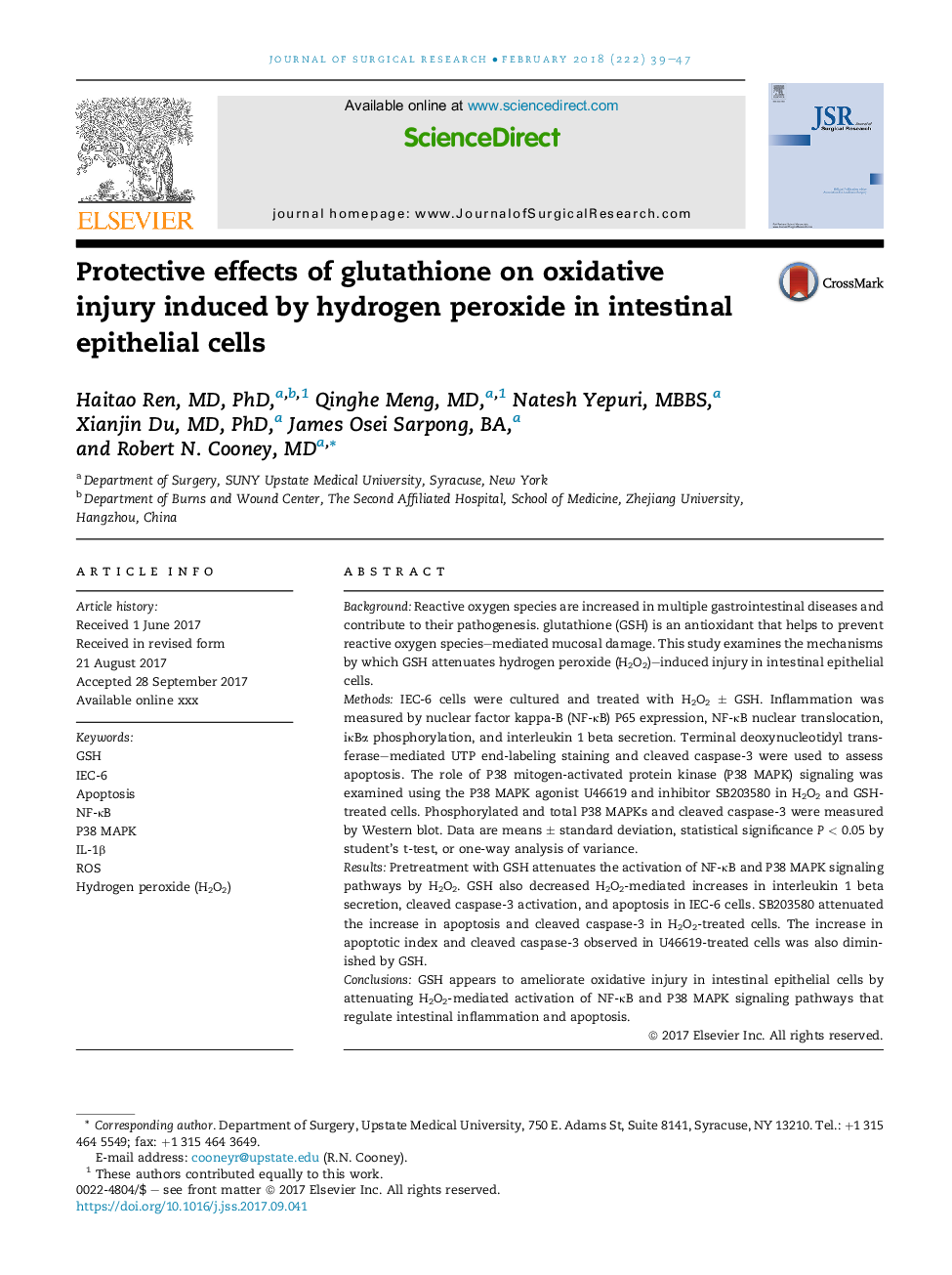 Protective effects of glutathione on oxidative injury induced by hydrogen peroxide in intestinal epithelial cells