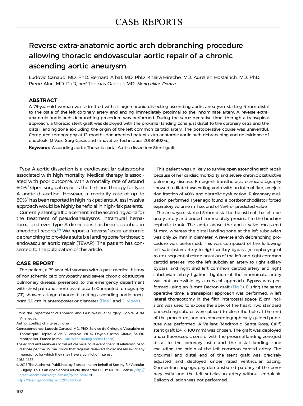 Reverse extra-anatomic aortic arch debranching procedure allowing thoracic endovascular aortic repair of a chronic ascending aortic aneurysm