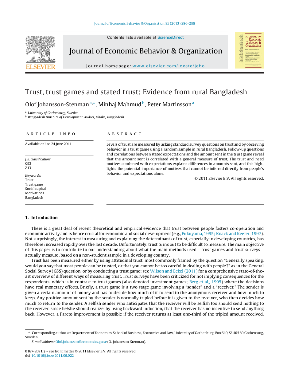 Trust, trust games and stated trust: Evidence from rural Bangladesh