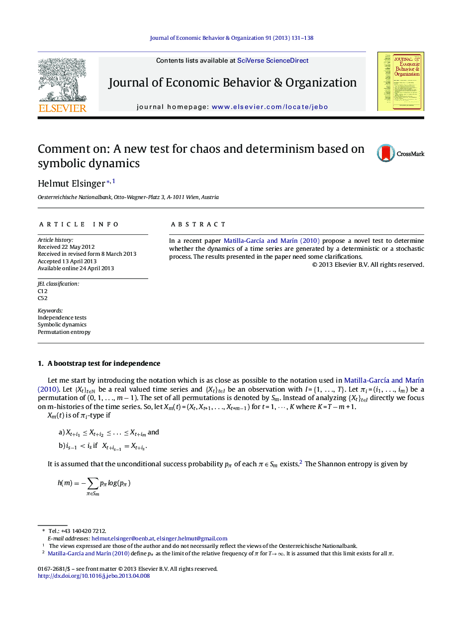 Comment on: A new test for chaos and determinism based on symbolic dynamics
