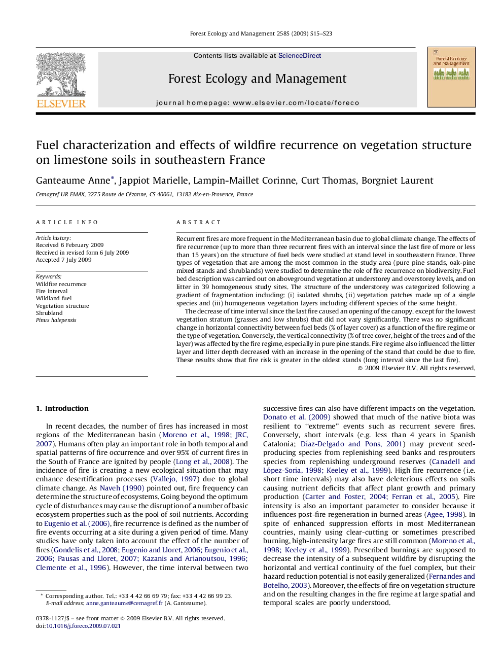 Fuel characterization and effects of wildfire recurrence on vegetation structure on limestone soils in southeastern France