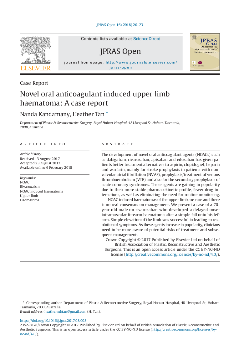 Novel oral anticoagulant induced upper limb haematoma: A case report