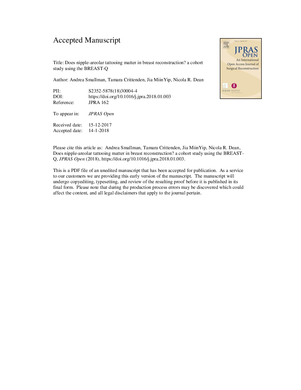 Does nipple-areolar tattooing matter in breast reconstruction? A cohort study using the BREAST-Q