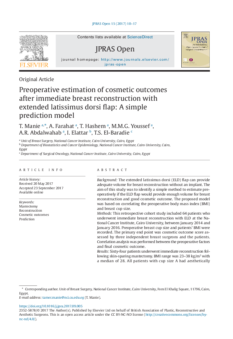 Preoperative estimation of cosmetic outcomes after immediate breast reconstruction with extended latissimus dorsi flap: A simple prediction model