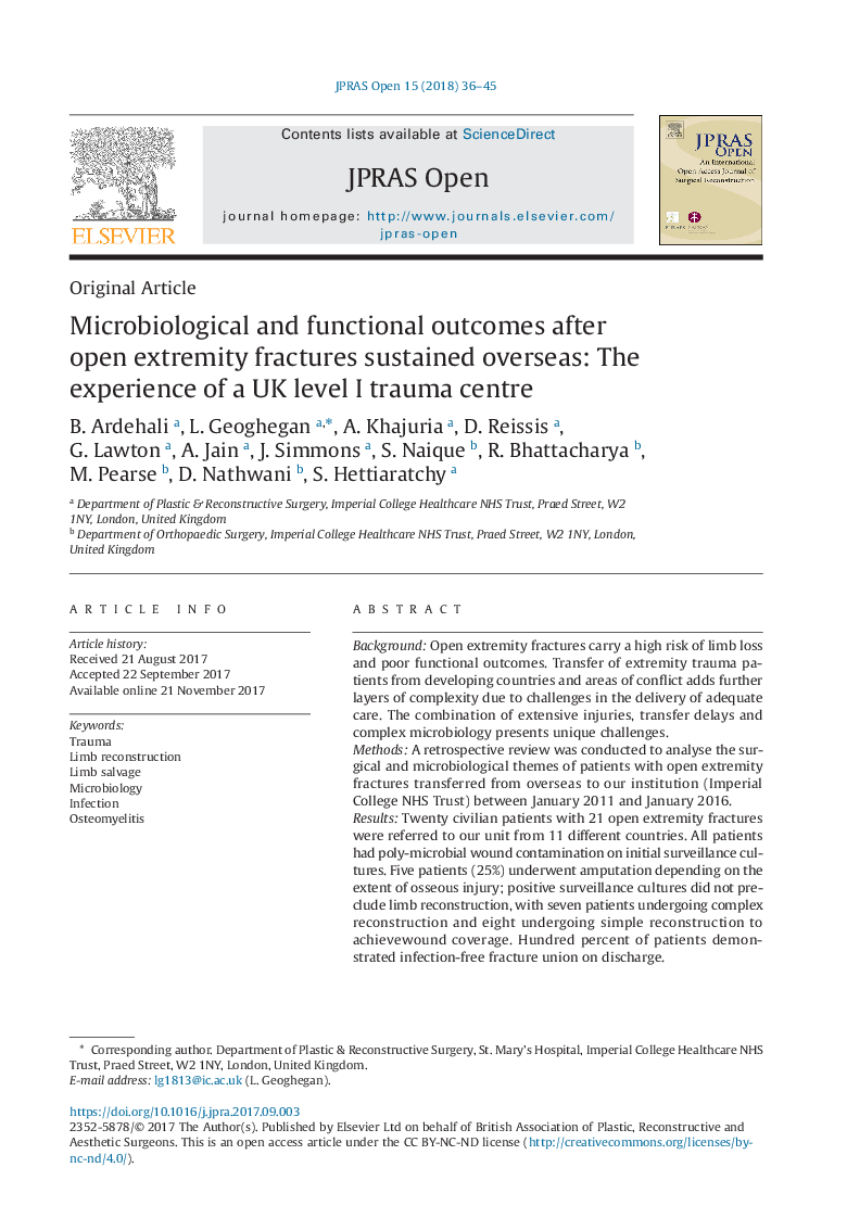 Microbiological and functional outcomes after open extremity fractures sustained overseas: The experience of a UK level I trauma centre