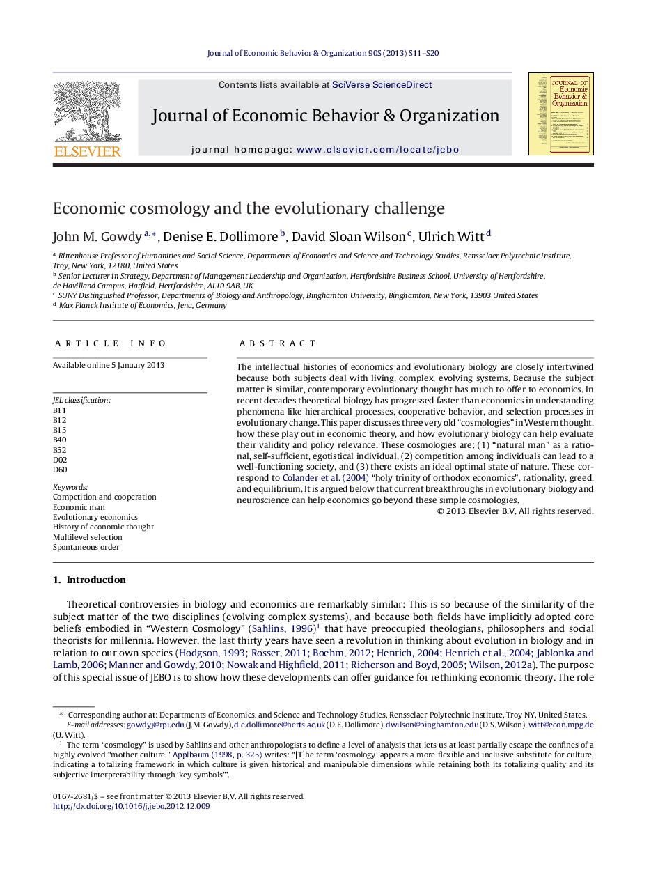 Economic cosmology and the evolutionary challenge