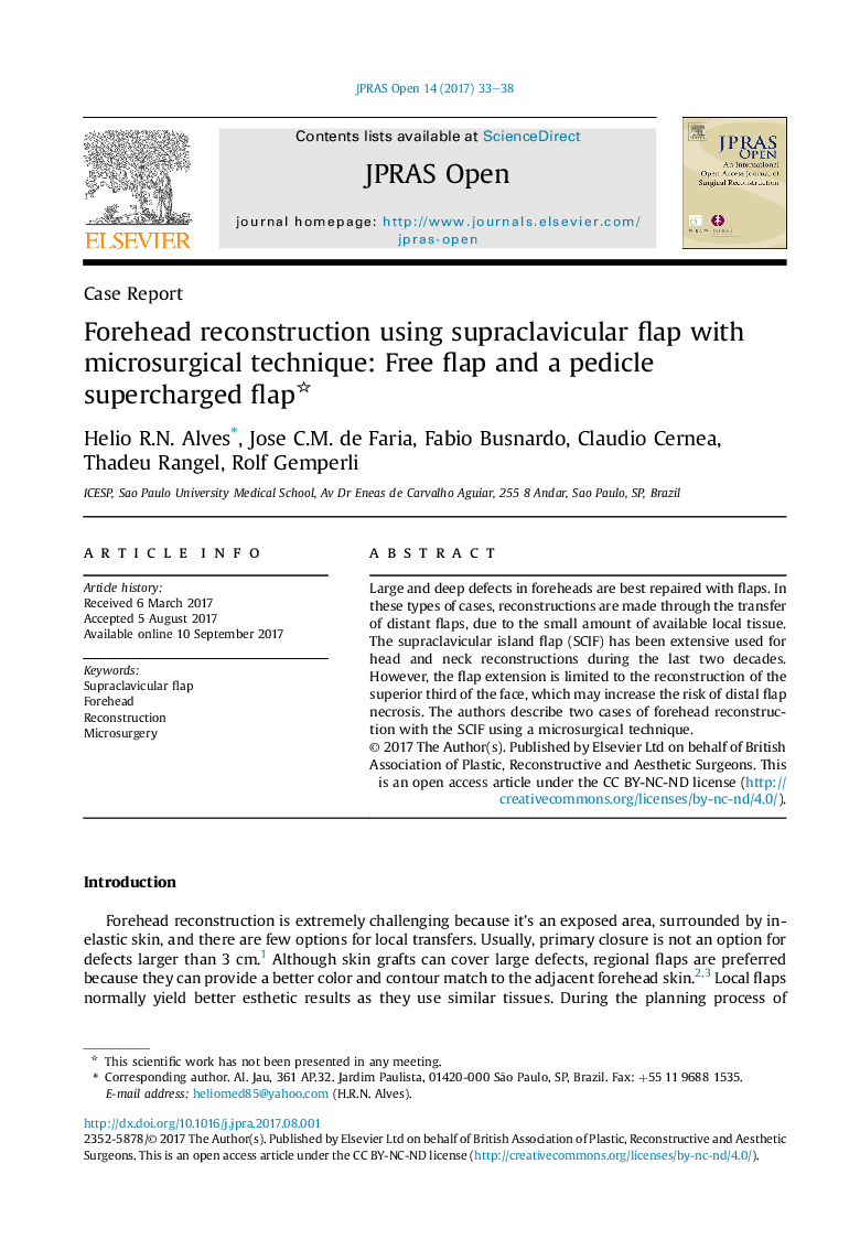 Forehead reconstruction using supraclavicular flap with microsurgical technique: Free flap and a pedicle supercharged flap