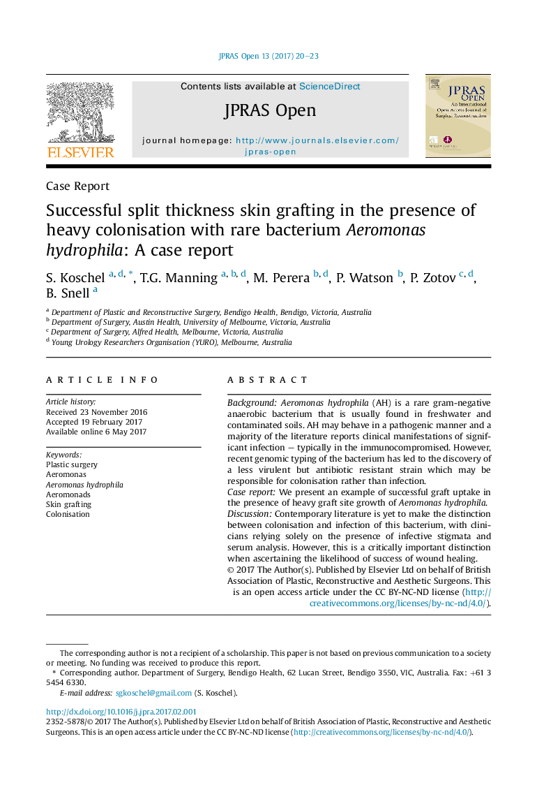 Successful split thickness skin grafting in the presence of heavy colonisation with rare bacterium Aeromonas hydrophila: A case report