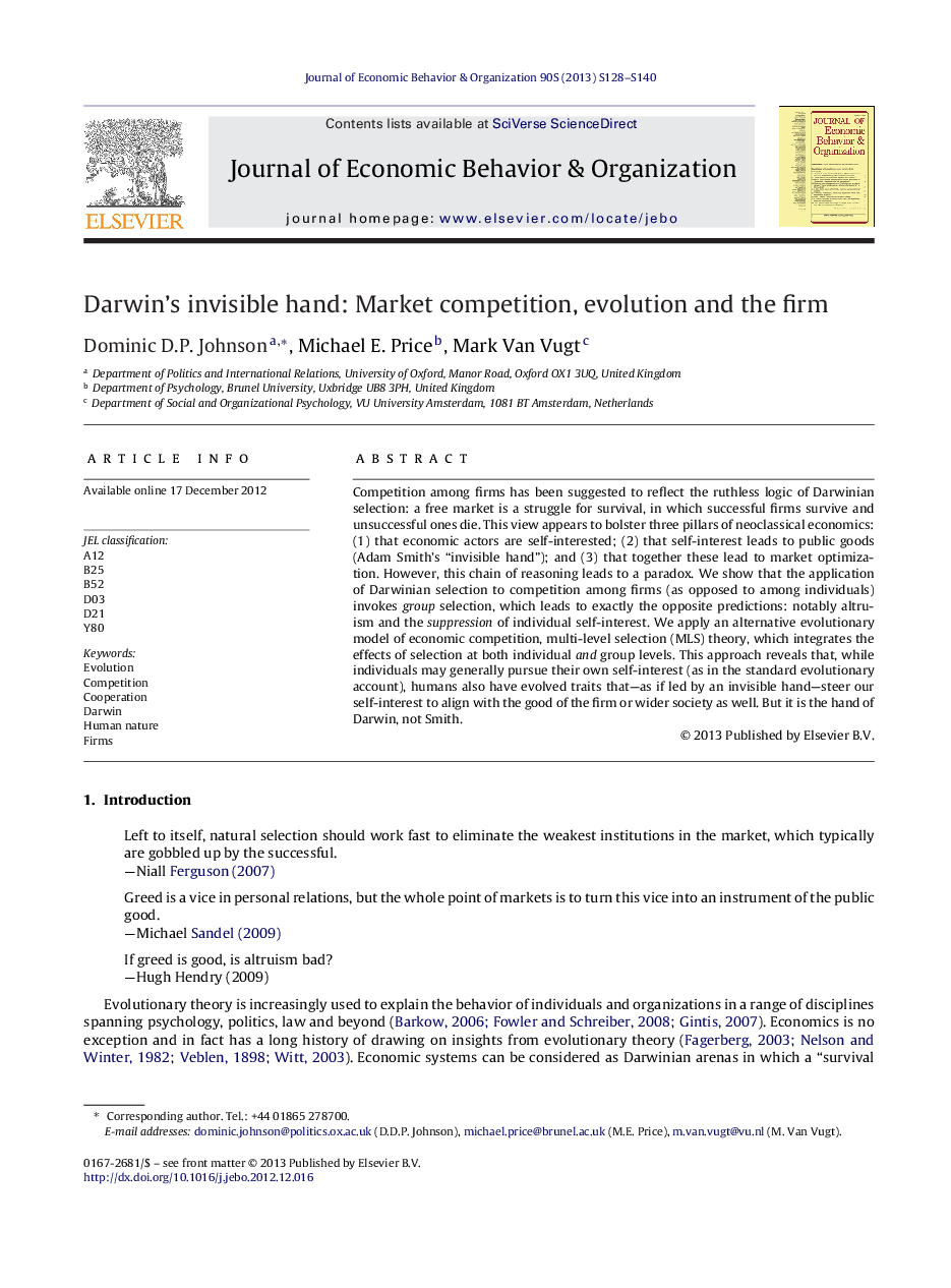 Darwin's invisible hand: Market competition, evolution and the firm