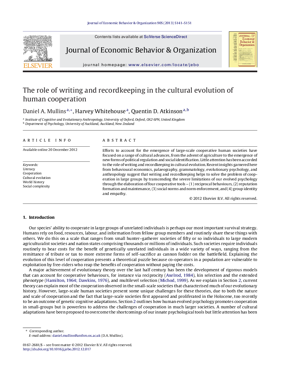 The role of writing and recordkeeping in the cultural evolution of human cooperation