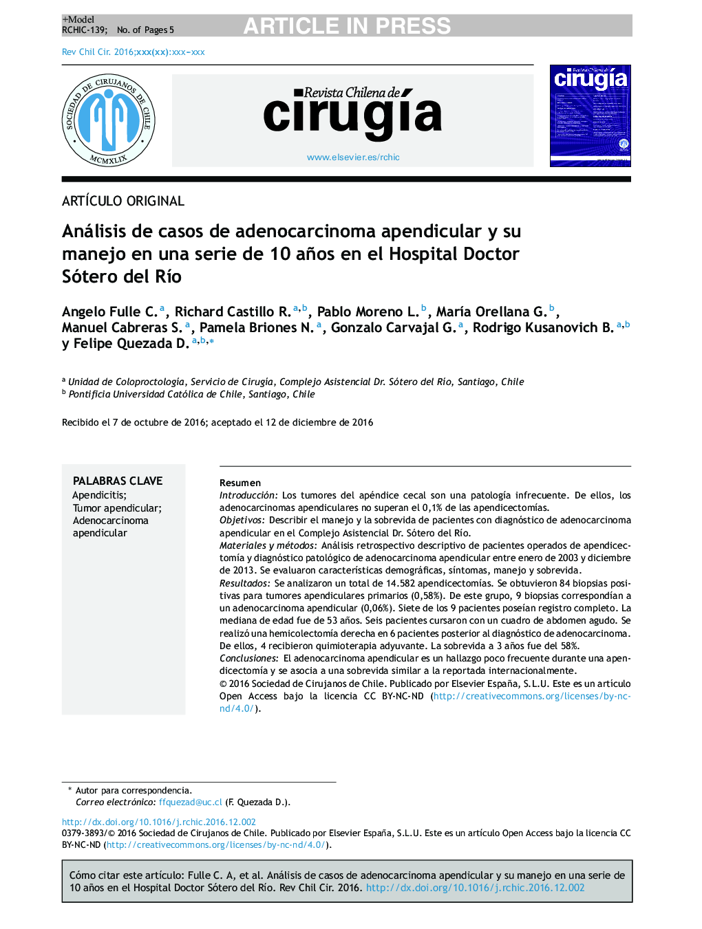 Análisis de casos de adenocarcinoma apendicular y su manejo en una serie de 10 años en el Hospital Doctor Sótero del RÃ­o