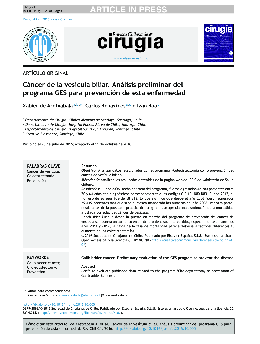 Cáncer de la vesÃ­cula biliar. Análisis preliminar del programa GES para prevención de esta enfermedad