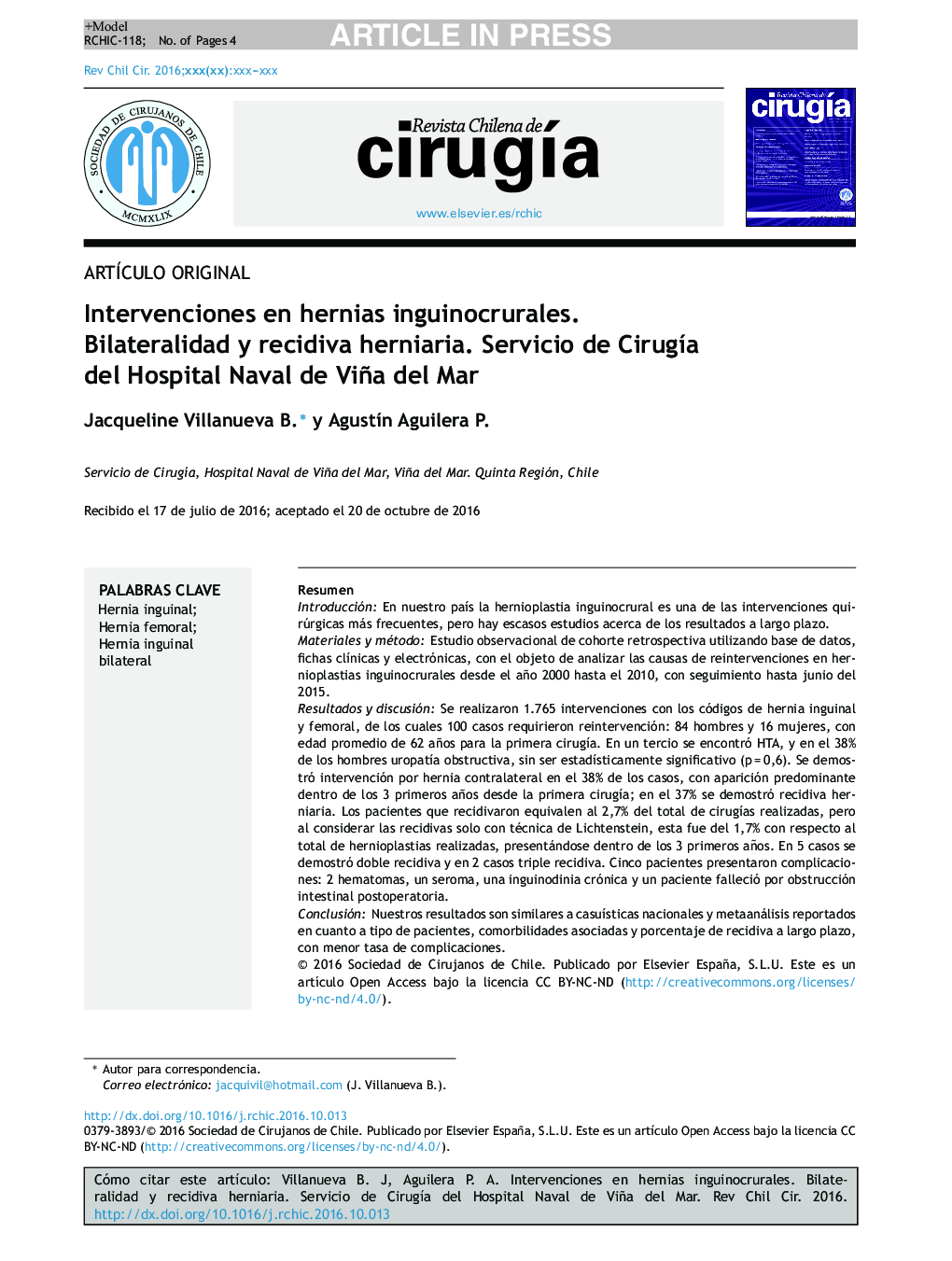 Intervenciones en hernias inguinocrurales. Bilateralidad y recidiva herniaria. Servicio de CirugÃ­a del Hospital Naval de Viña del Mar