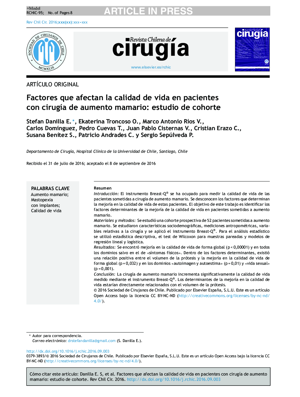 Factores que afectan la calidad de vida en pacientes con cirugÃ­a de aumento mamario: estudio de cohorte