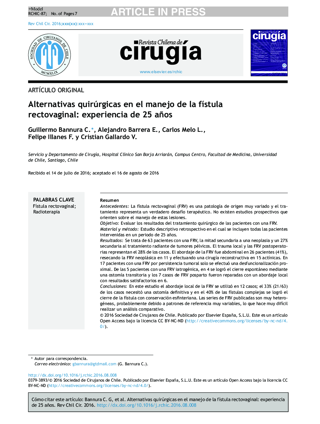 Alternativas quirúrgicas en el manejo de la fÃ­stula rectovaginal: experiencia de 25 años