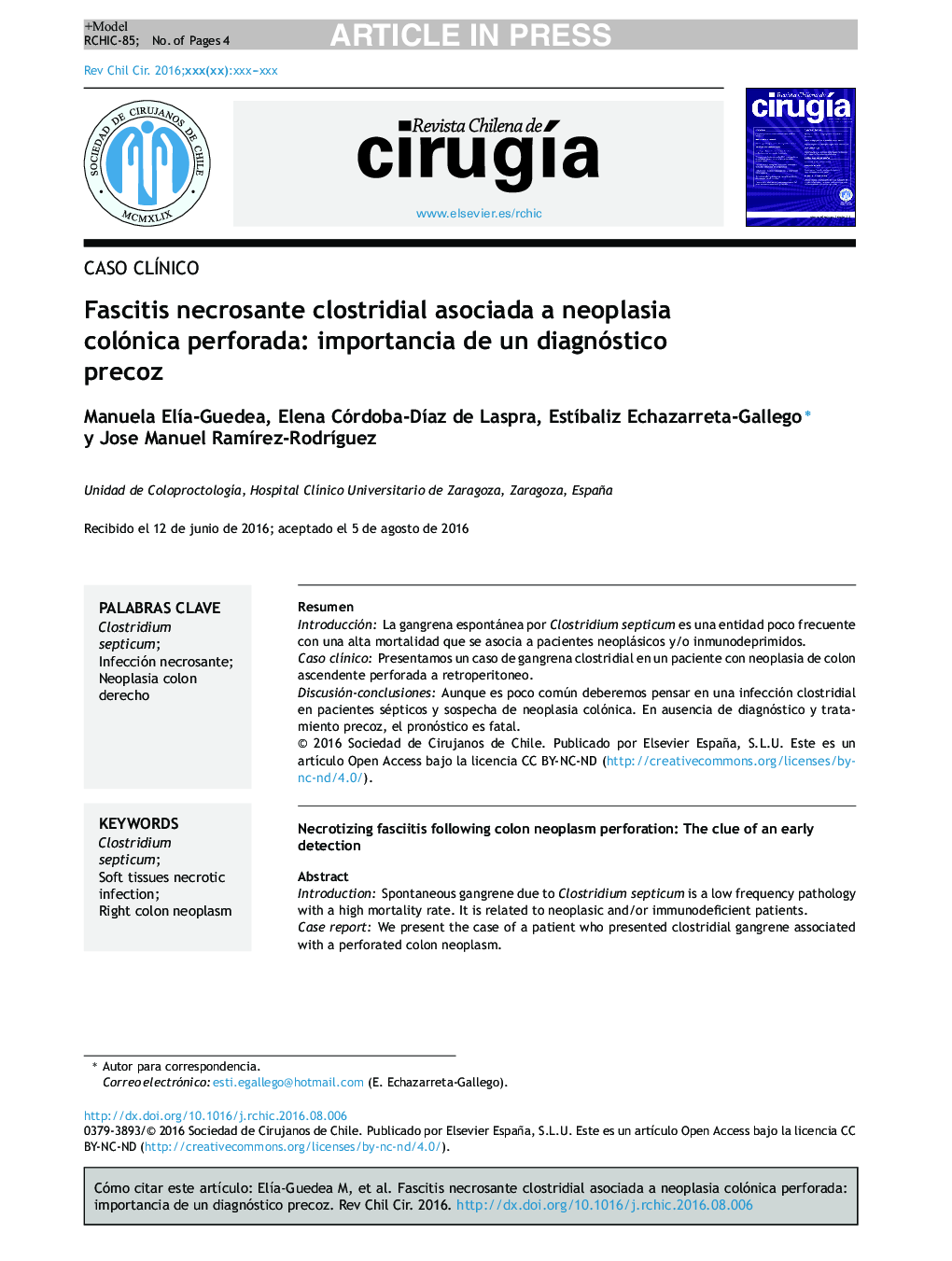 Fascitis necrosante clostridial asociada a neoplasia colónica perforada: importancia de un diagnóstico precoz