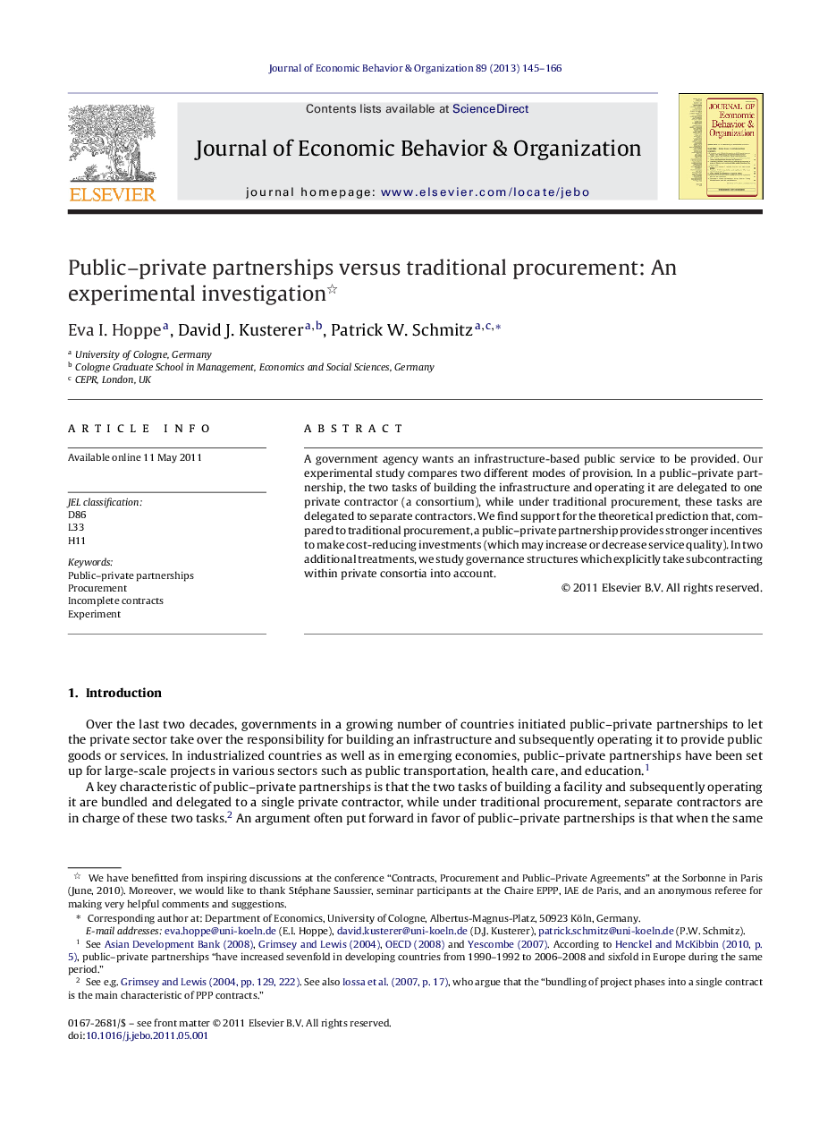 Public–private partnerships versus traditional procurement: An experimental investigation 