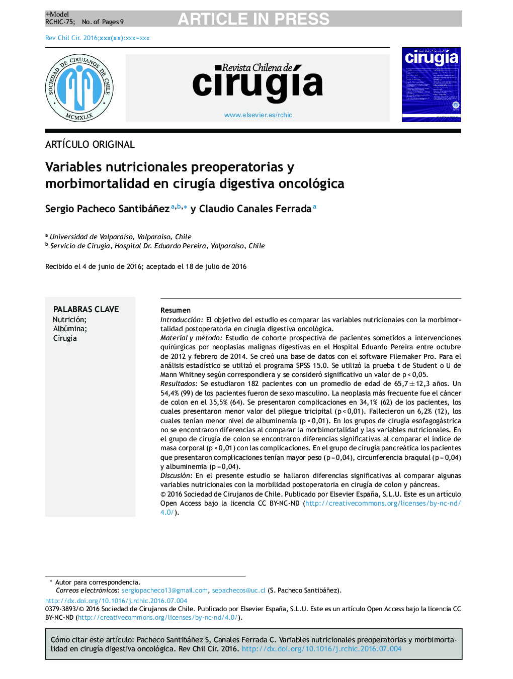 Variables nutricionales preoperatorias y morbimortalidad en cirugÃ­a digestiva oncológica