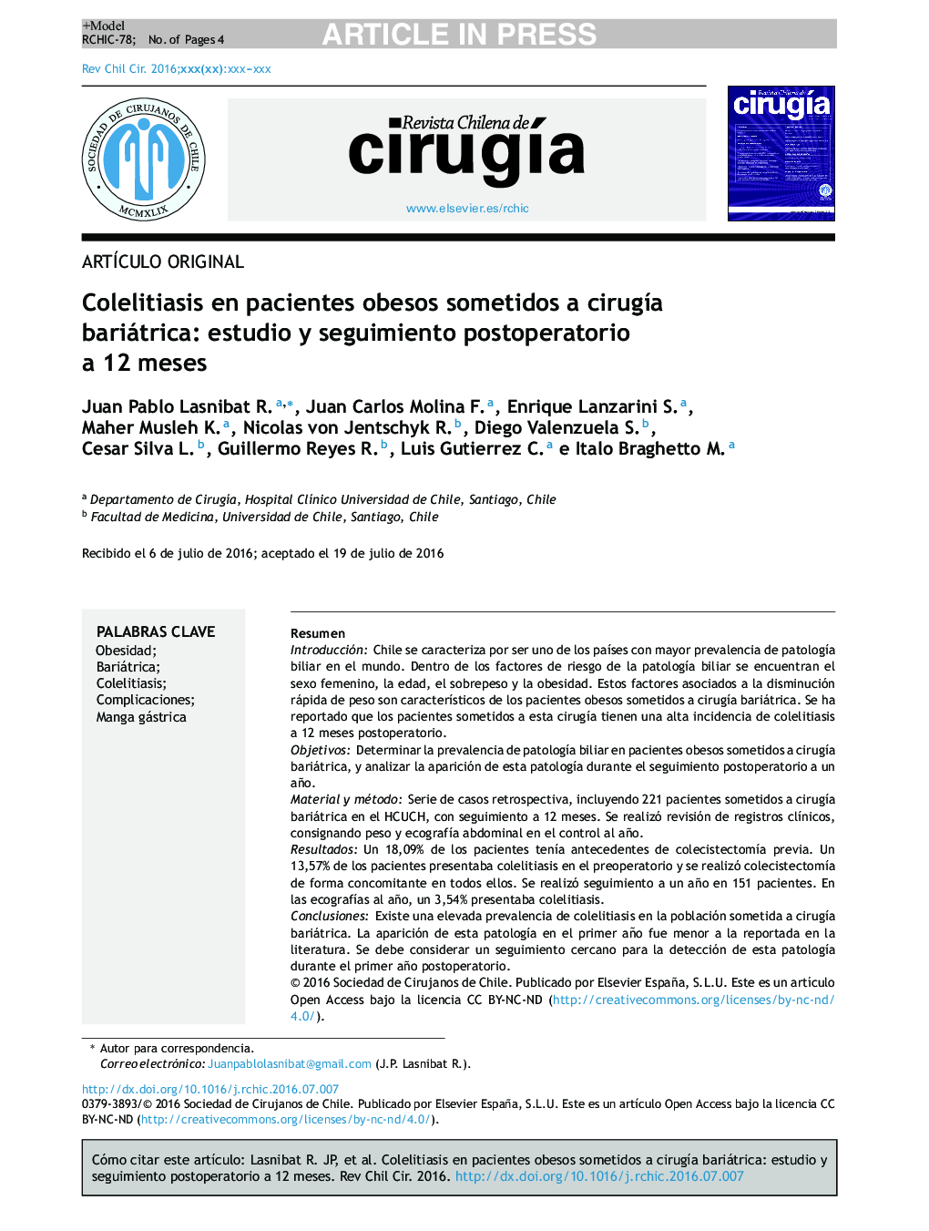 Colelitiasis en pacientes obesos sometidos a cirugÃ­a bariátrica: estudio y seguimiento postoperatorio a 12 meses