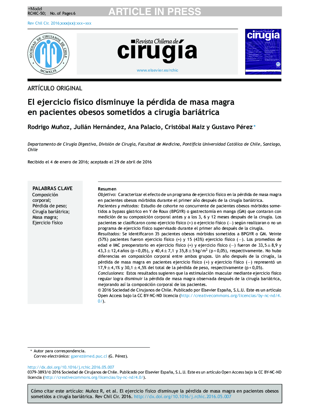 El ejercicio fÃ­sico disminuye la pérdida de masa magra en pacientes obesos sometidos a cirugÃ­a bariátrica