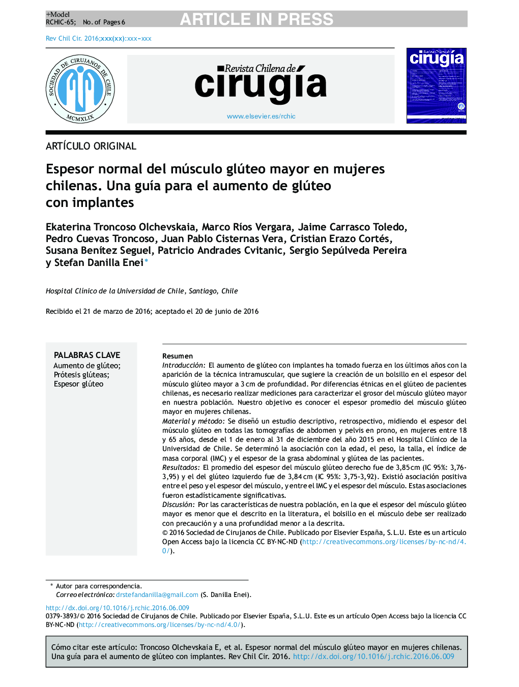 Espesor normal del músculo glúteo mayor en mujeres chilenas. Una guÃ­a para el aumento de glúteo con implantes