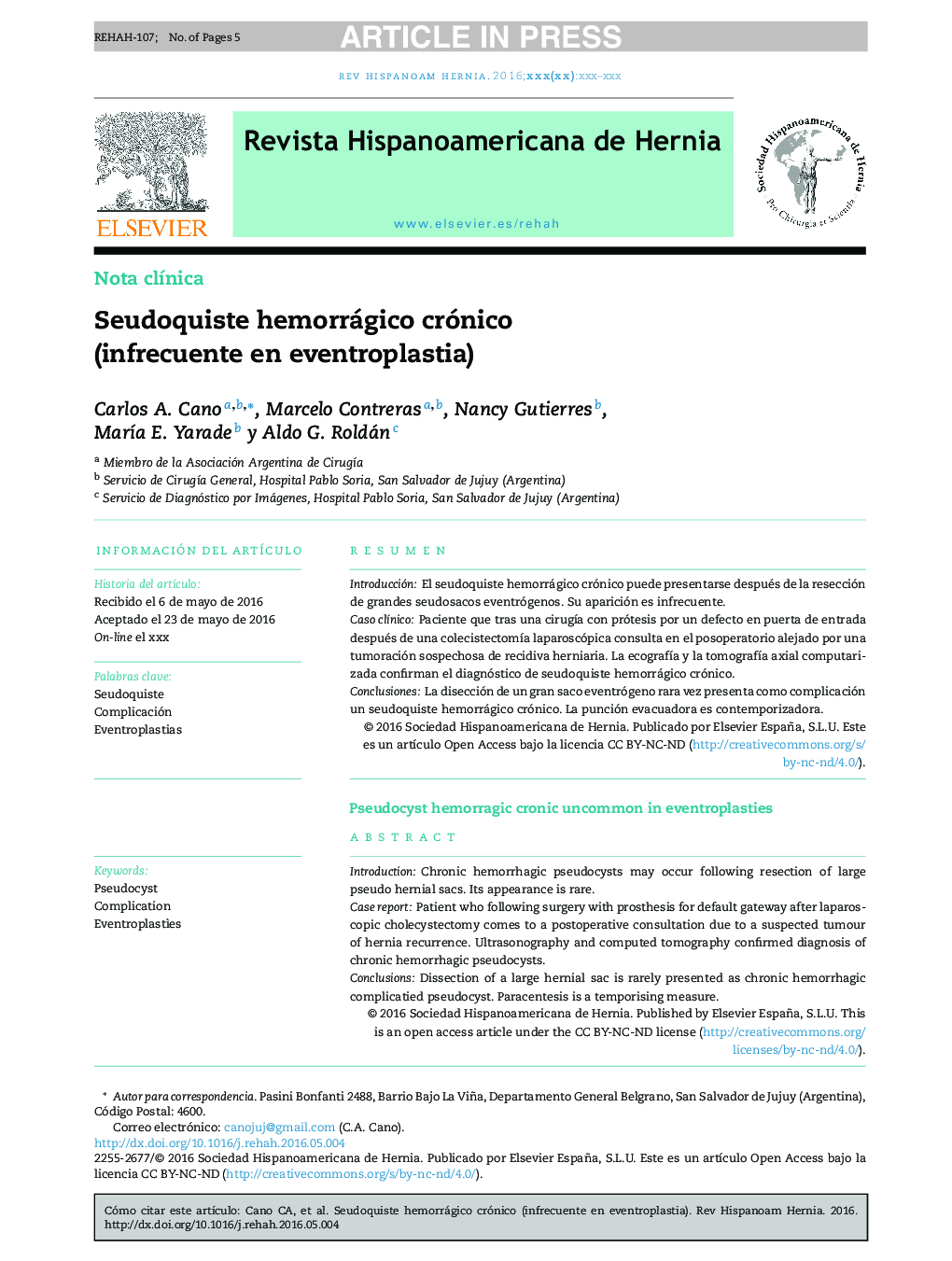 Seudoquiste hemorrágico crónico (infrecuente en eventroplastia)