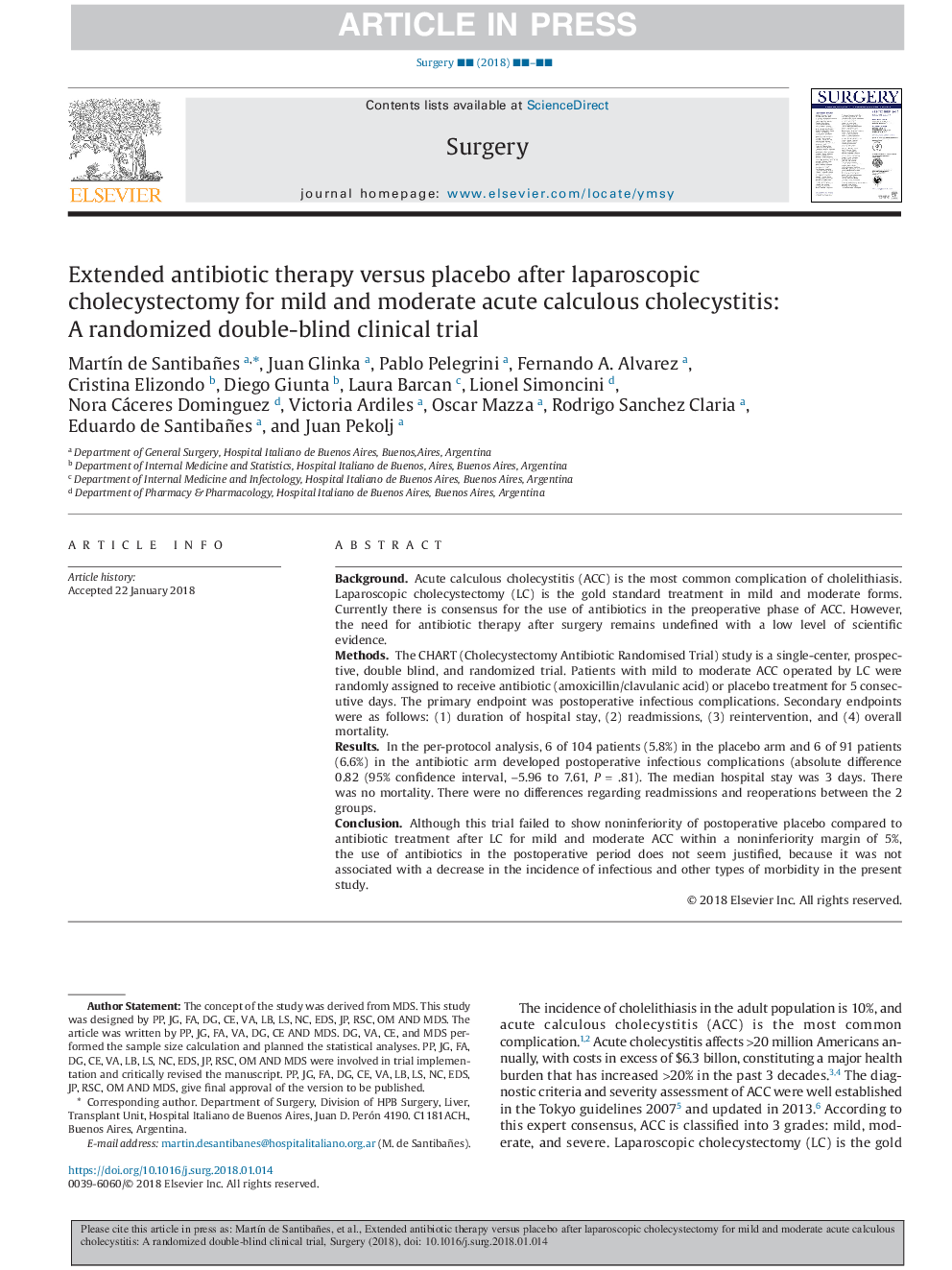 Extended antibiotic therapy versus placebo after laparoscopic cholecystectomy for mild and moderate acute calculous cholecystitis: A randomized double-blind clinical trial