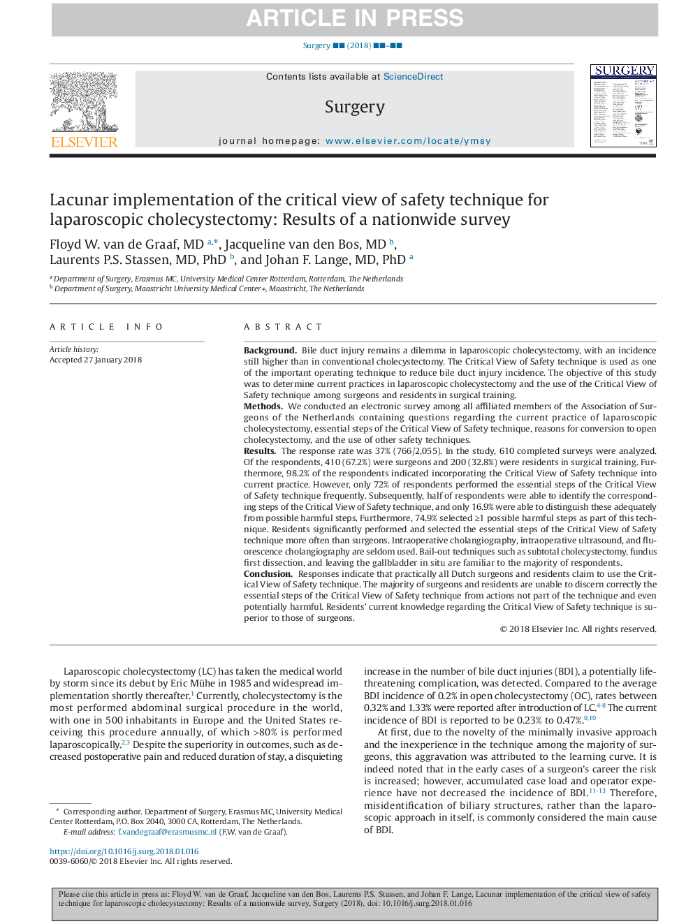 Lacunar implementation of the critical view of safety technique for laparoscopic cholecystectomy: Results of a nationwide survey